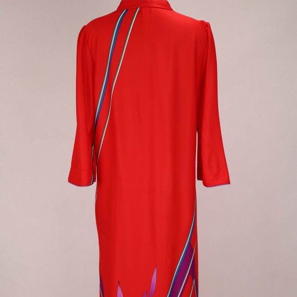 Vtg 70's Lisanne Floral Abstract Red Long Caftan Loungewear Nightgown Robe Asian - Picture 8 of 9